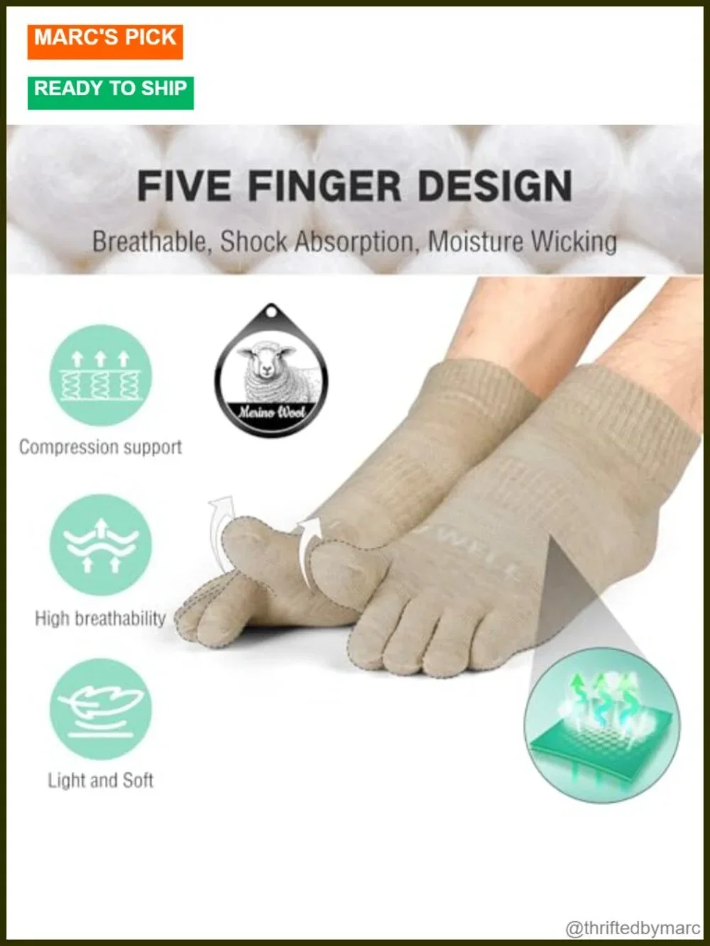 Merino Wool Toe Socks for Men and Women, Moisture Wicking Ankle Five Finger